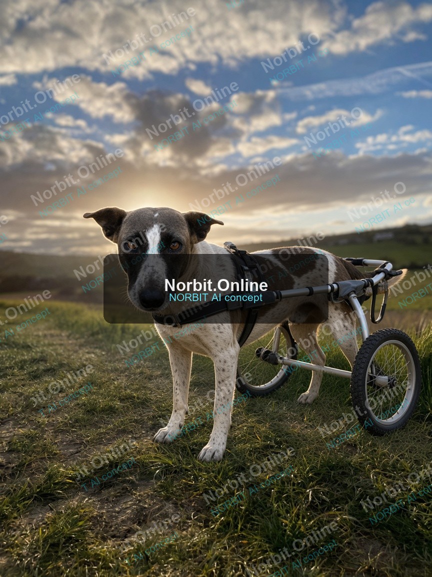 Concept image: free-roaming Sal dog using a custom wheelchair — Norbit AI concept